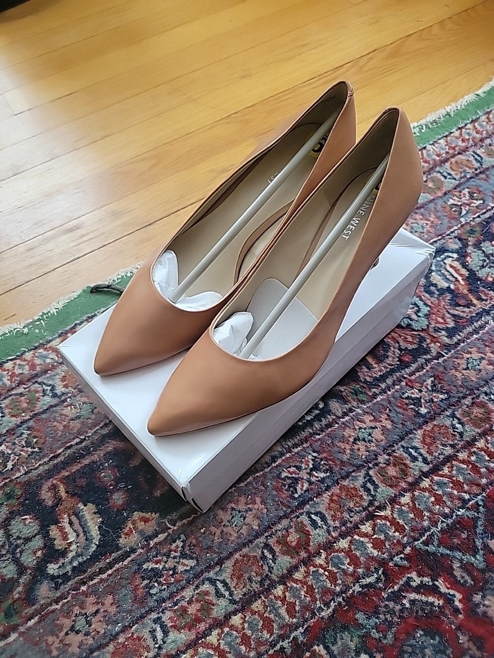 Nine West Goodnews Natural Leather Pointed Toe Low-Heel Pumps